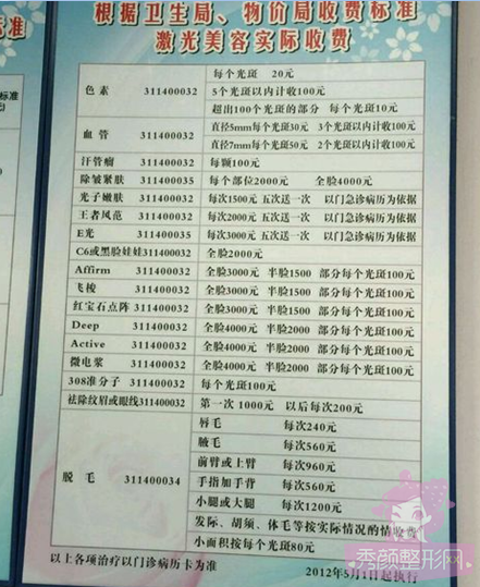 上海九院激光美容科整形价目表